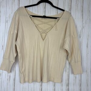 We The Free Free People Cream Knit Top with Lace-Up Front